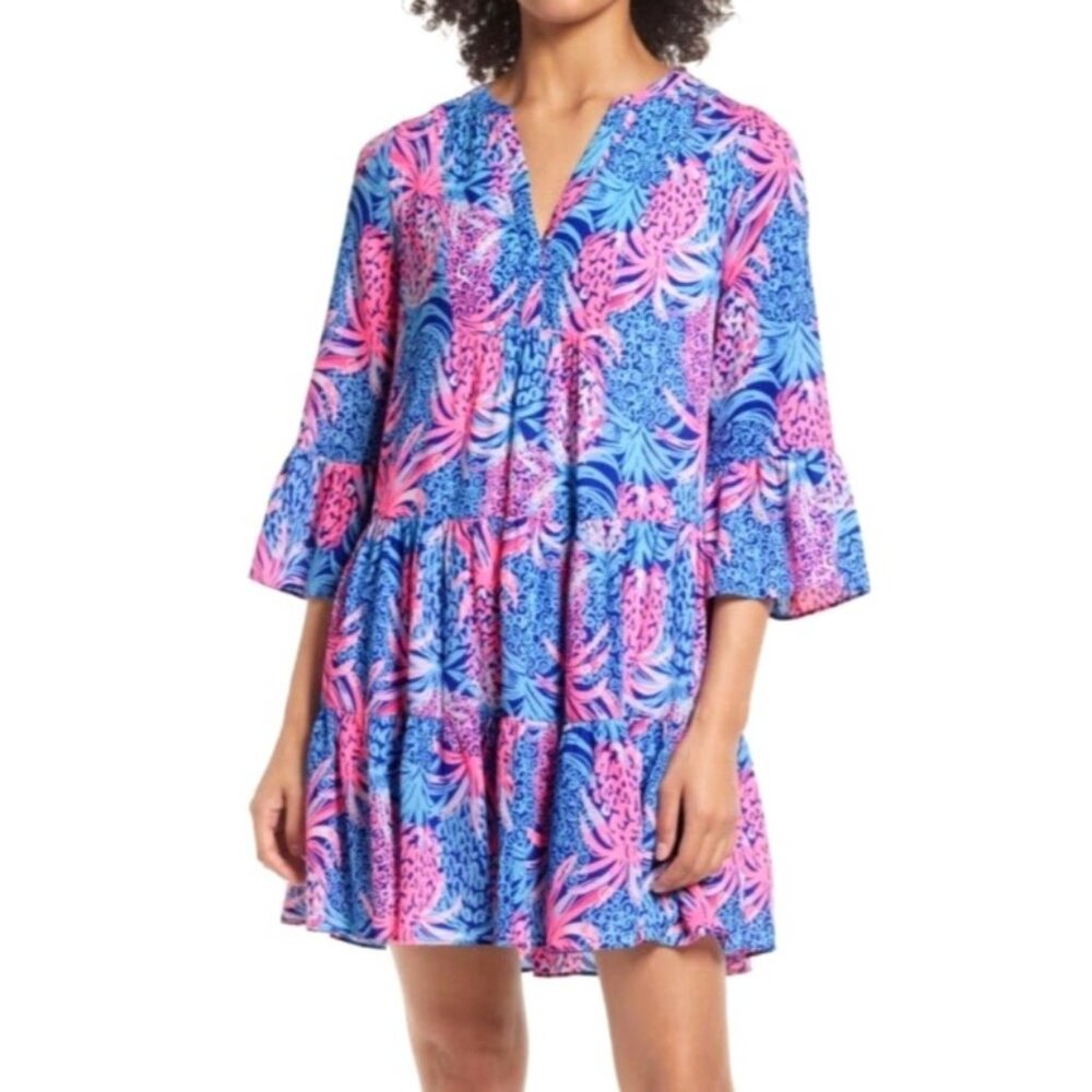 Lilly Pulitzer Women's Sz M Blue Pink Abstract Floral Print Tiered Midi Dress